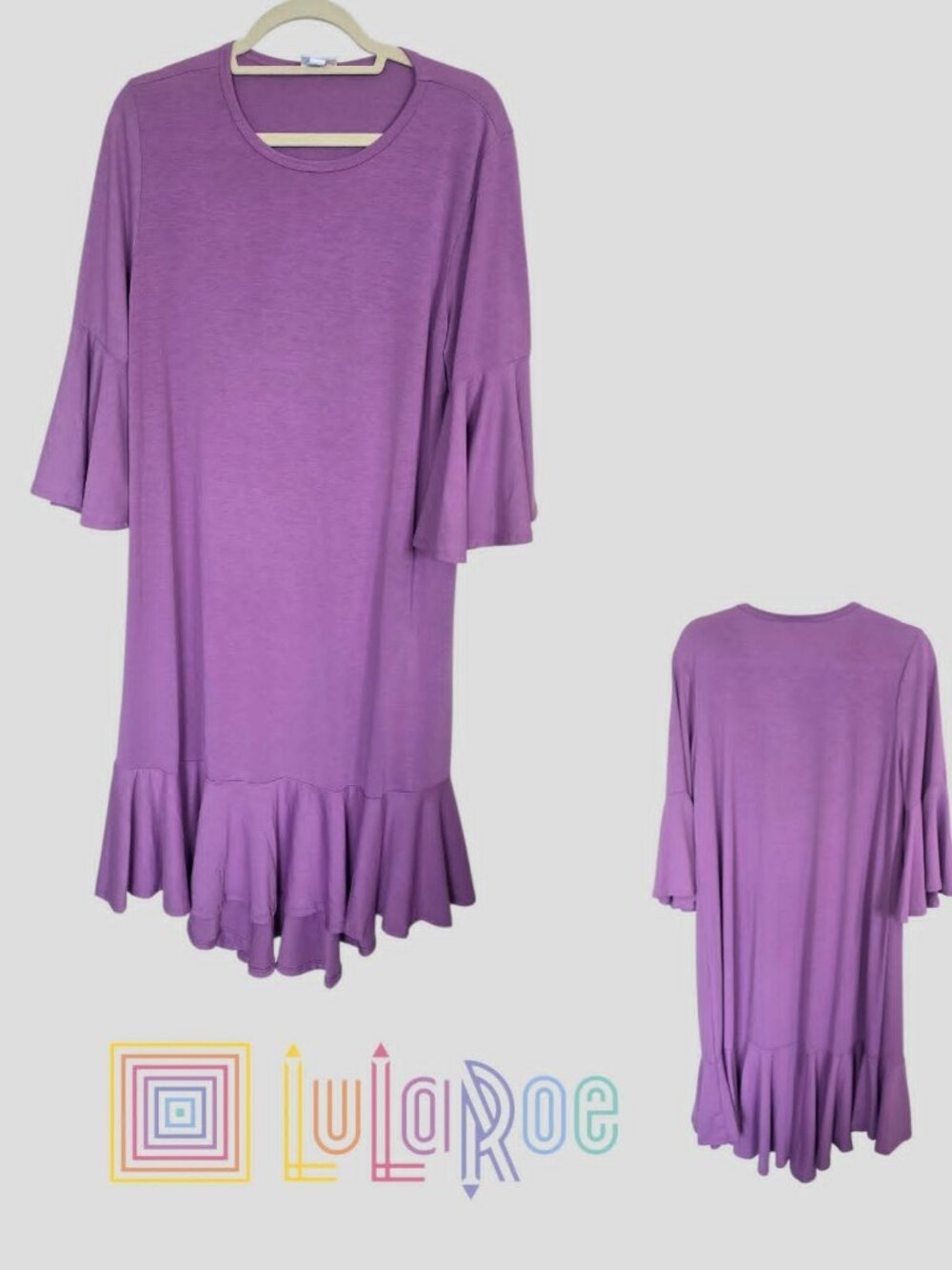 Lularoe Purple Maurine Flared bell Sleeves Ruffled High Low Hem Dress Womens